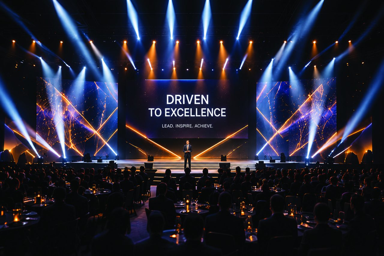 Conference stage with large LED screen reading 'Driven to Excellence'