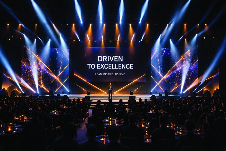 Conference stage with large LED screen reading 'Driven to Excellence'