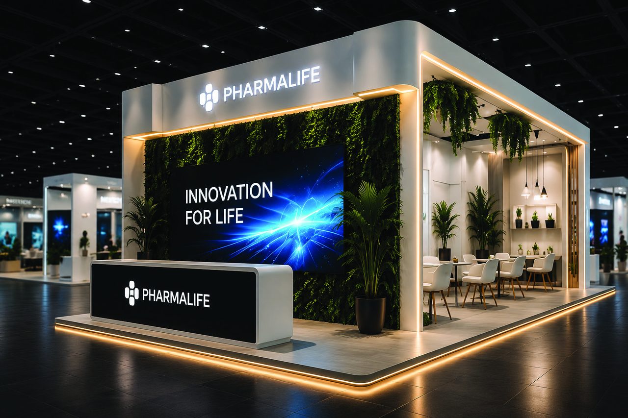 Custom-built illuminated exhibition stand with a living green wall