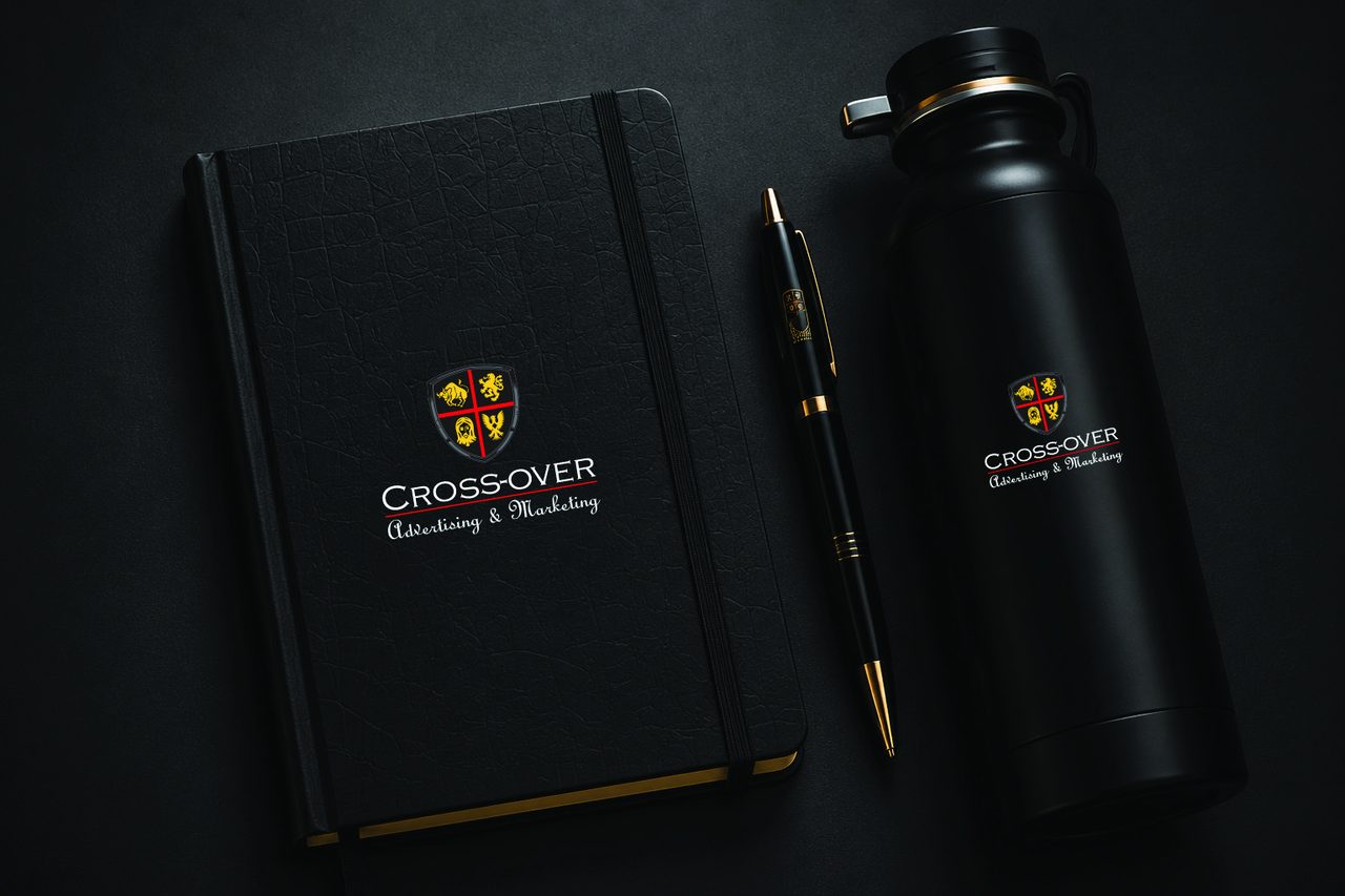 Branded premium gift set with notebook, flask and pen