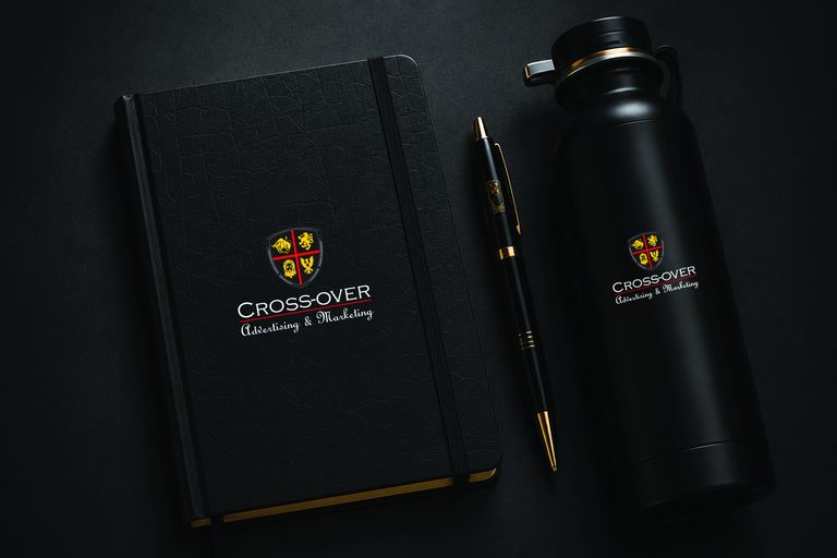 Branded premium gift set with notebook, flask and pen