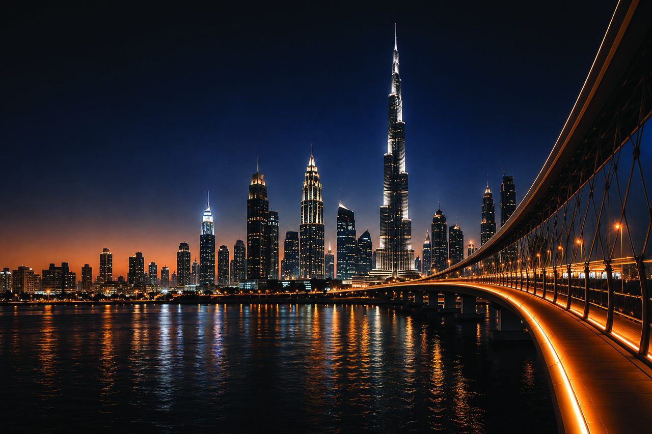 Dubai skyline at night with the Burj Khalifa lit up