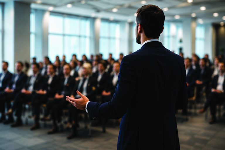 Speaker presenting to a seated professional audience